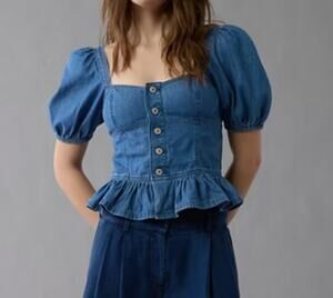 American Eagle Square Neck Puff Short Sleeve Peplum Hem Denim Top Blue Small